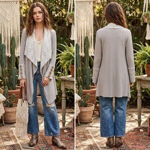 Aratta Silent Journey women XS Boho open front lace & knit long cardigan sweater